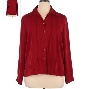 Vintage Kathy Che Red Button Up Collared Pleated Shirt Blouse Womens Size 16 EUC